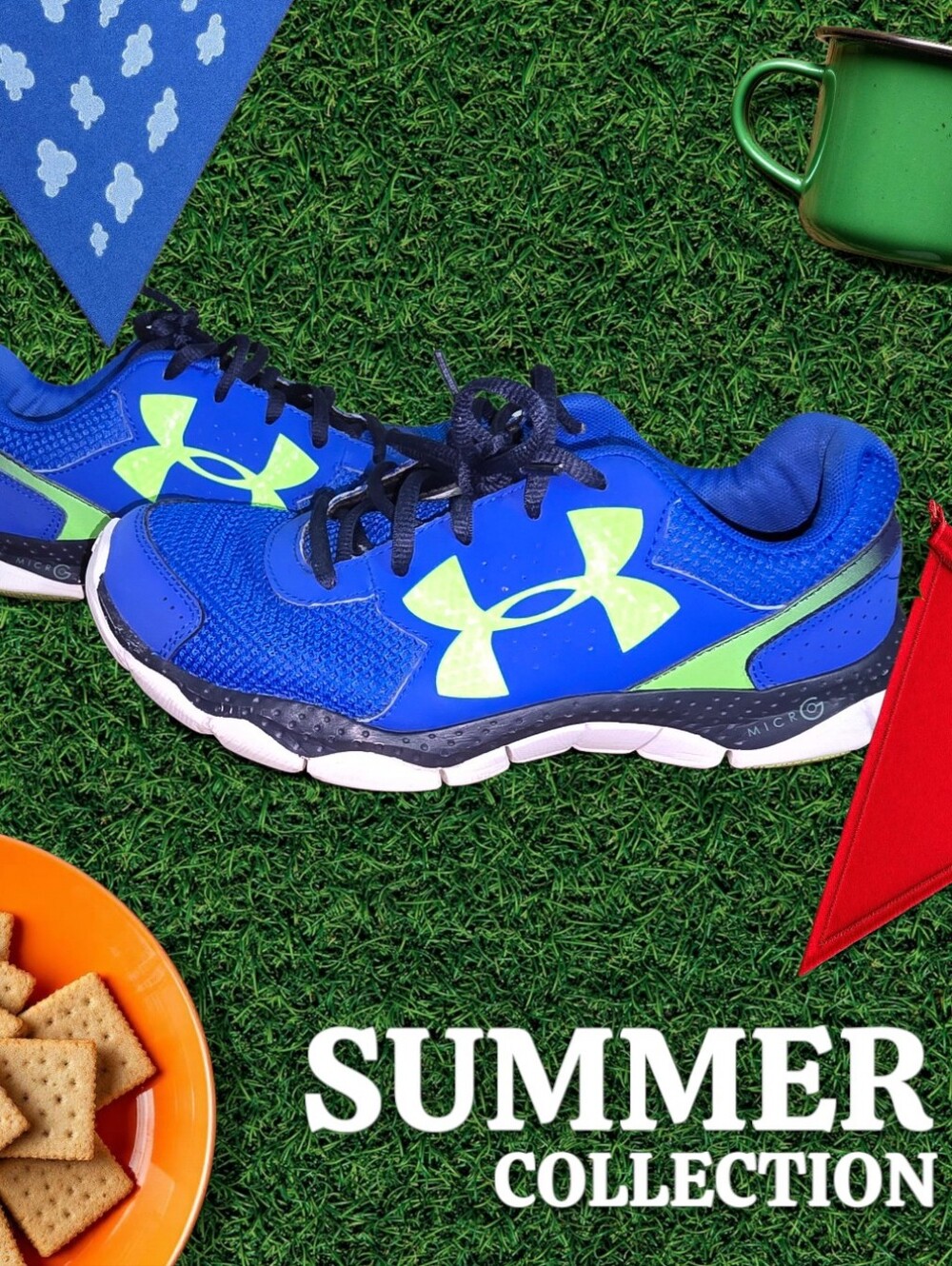 8 Womens Or 7Y Under Armour Blue Athletic Sneakers with Neon Logo
